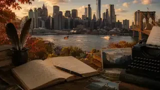 American poetry represented by a riverside city skyline, handwritten pages, antique books, quills and a vintage typewriter at golden hour