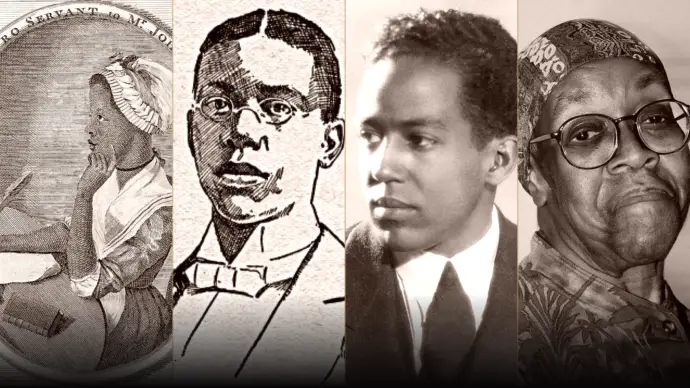 Phillis Wheatley, Paul Laurence Dunbar, Langston Hughes and Gwendolyn Brooks in a four-portrait literary panorama
