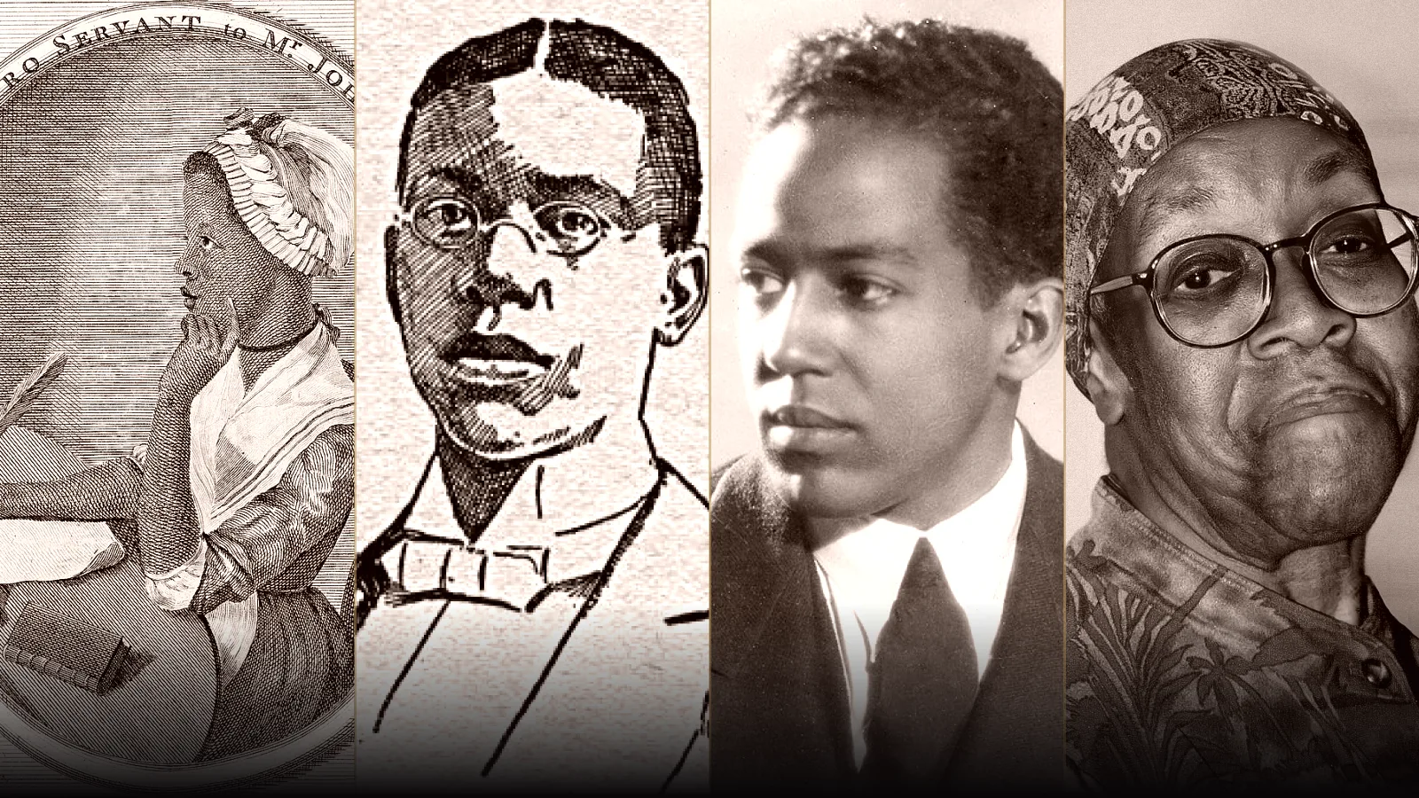 Phillis Wheatley, Paul Laurence Dunbar, Langston Hughes and Gwendolyn Brooks in a four-portrait literary panorama