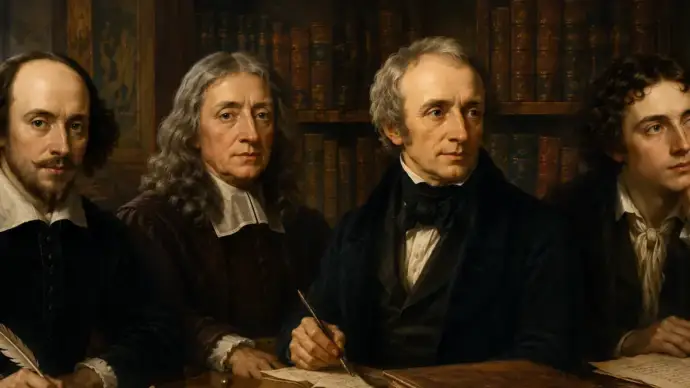 William Shakespeare, John Milton, William Wordsworth and John Keats gathered in a historic library with manuscripts, books, quills and candlelight