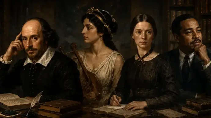 William Shakespeare, Sappho, Emily Dickinson and Langston Hughes gathered in a historic reading room with manuscripts, books and candlelight