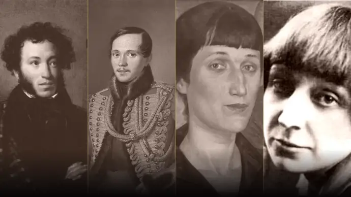 Alexander Pushkin, Mikhail Lermontov, Anna Akhmatova and Marina Tsvetaeva in a four-portrait literary panorama