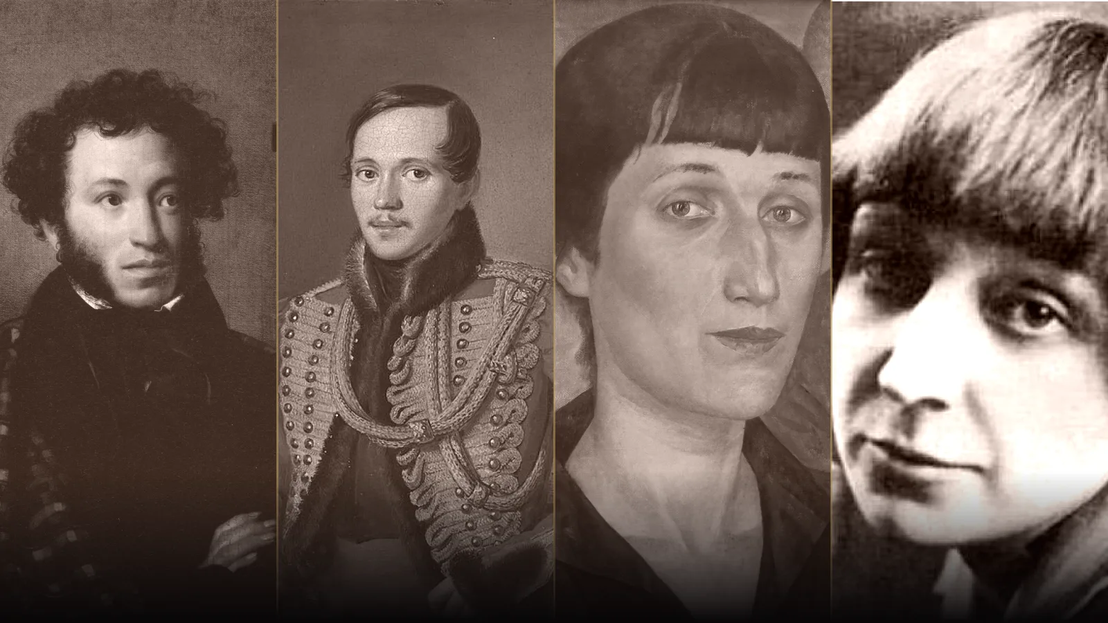 Alexander Pushkin, Mikhail Lermontov, Anna Akhmatova and Marina Tsvetaeva in a four-portrait literary panorama