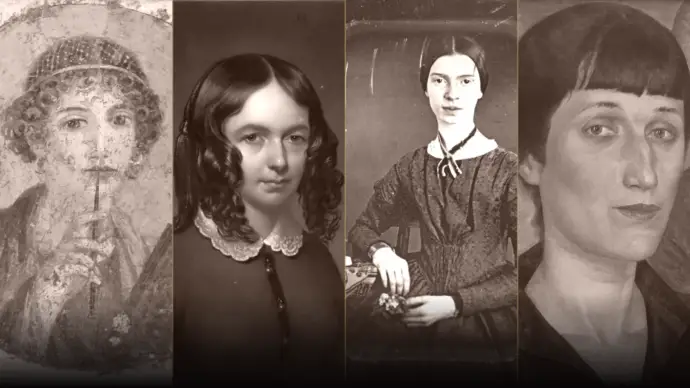 Sappho, Elizabeth Barrett Browning, Emily Dickinson and Anna Akhmatova in a four-portrait literary panorama