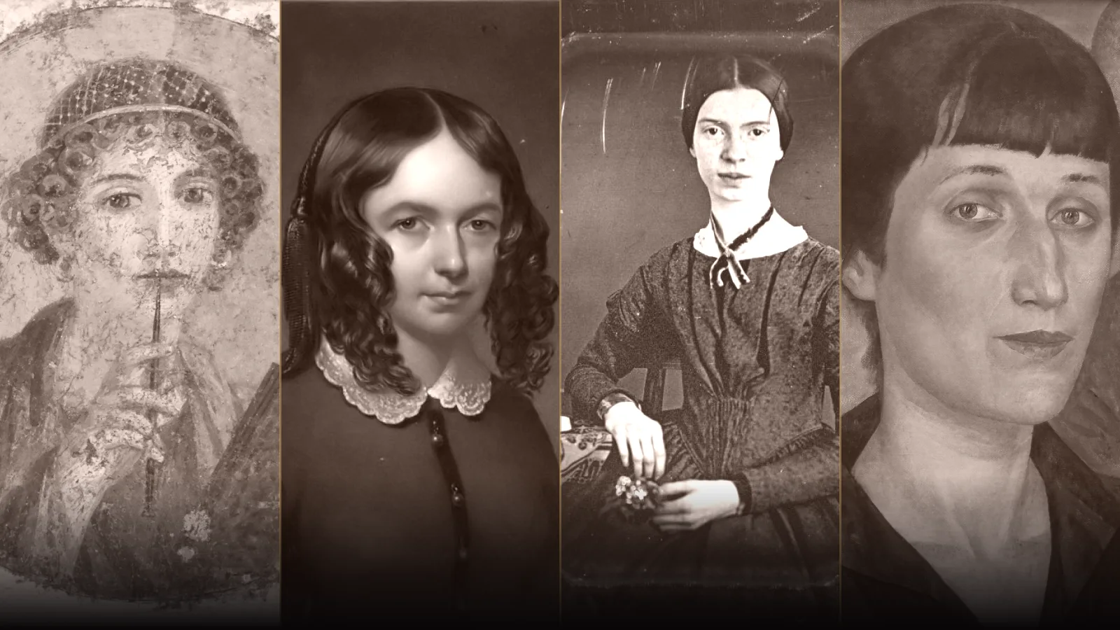 Sappho, Elizabeth Barrett Browning, Emily Dickinson and Anna Akhmatova in a four-portrait literary panorama